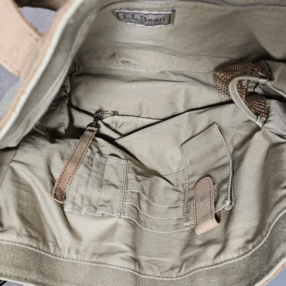 L.L. Bean Vintage Tan Beige Leather  Canvas Travel Tote Bag Classic Preppy Purse - Picture 12 of 13